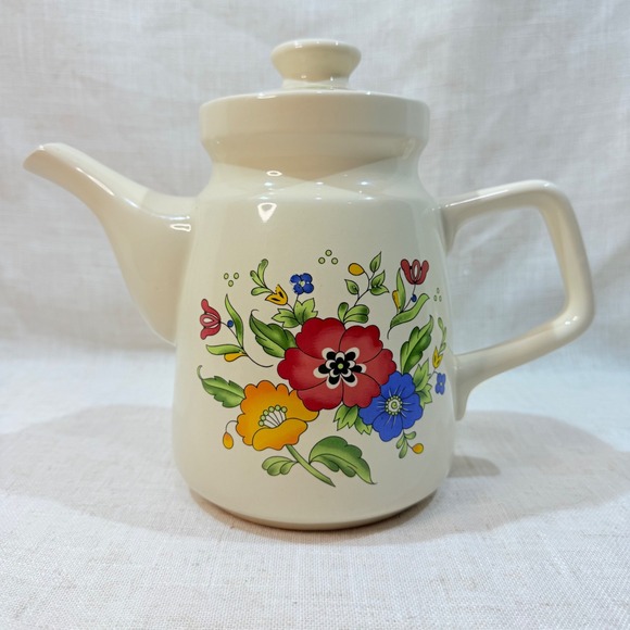 Home Concepts Other - Vintage Floral Ceramic Teapot Cream with Red Blue Yellow Flower Bouquet